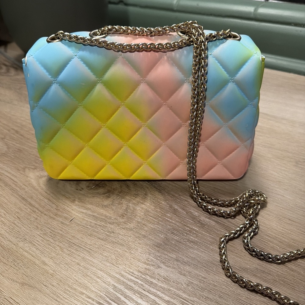 Quilted Rainbow Jelly Silicone Rainbow Purse Silver Chain Hardware - Picture 5 of 11